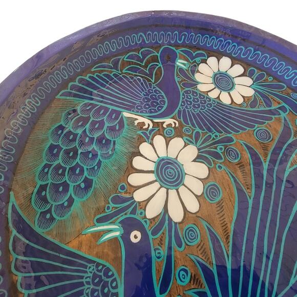 Cobalt Blue Hand Painted, Signed & Sealed Peacock Floral Art Wooden Plate Art - Picture 2 of 6